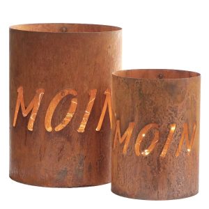 Dekoratives Windlicht ‘Moin’, rund aus Metall, Naturrost, Charmant