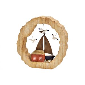 Exklusiver Dekorativer Aufsteller Segelboot in Kreis aus Holz/Metall, Maritime Deko, 21x21x4cm