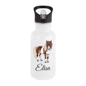 Personalisierte Trinkflasche Kinder Edelstahl [ 400ml ] – Robuste Trinkflasche mit Namen und Pony – Wasserflasche mit Trinkhalm