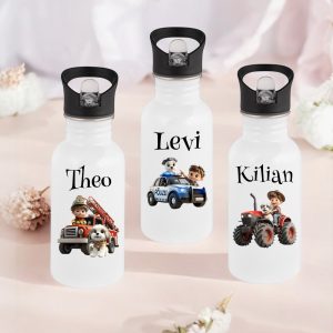 Personalisierte Trinkflasche Kinder Edelstahl [ 400ml ] – Robuste Trinkflasche mit Namen und Feuerwehr, Polizei oder Traktor – Wasserflasche mit Trinkhalm