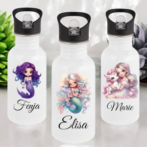 Personalisierte Edelstahl-Trinkflasche [500ml] Märchen-Motiv, Geschenkidee zur Einschulung, Meerjungfrau, Einhorn, Prinzessin