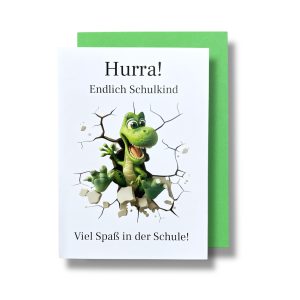 Glückwunschkarte zur Einschulung mit Dinosaurier-Motiv, A6 Format mit Umschlägen