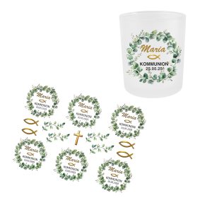 Personalisierte RUB ONs Sticker mit Eukalyptus-Kranz, Kommunion, Teelicht, Tischdeko, randlose Rubons Sticker