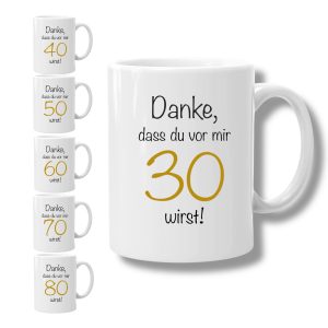 Geburtstagsgeschenk Kaffeetasse, 330ml, Keramik, Spülmaschinenfest, Weiß mit Goldakzenten, Geschenk runder Geburtstag