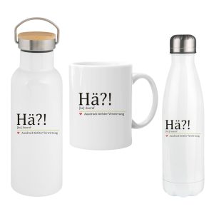 Hä?!-Ausruf-Norddeutsche Geschenkset, Thermosflasche 350ml/500ml/750ml mit Bambus-/Edelstahldeckel und Keramiktasse 330ml, Weiß mit Spruch
