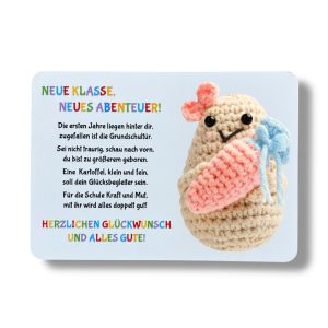 Handgestrickte Kartoffel-Puppe, Glücksbringer, Positiv Kartoffel, Mutmacher, Schlüsselanhänger, Motivationskarte A6, Schulwechsel weiterführende Schule, Spruch