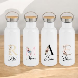 Edelstahl Trinkflasche mit Bambusdeckel personalisiert „Name und Anfangsbuchstabe“ – Thermoflasche Isolierflasche