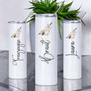 Personalisierter Thermobecher mit Blumenmotiv, 590ml, Weiß, mit Edelstahlstrohhalm, Team Braut, JGA, Becher to go