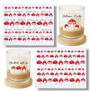 Rub Ons Sticker, DIN A4, Pilz, Sprüche, Herbst, Fliegenpilze, randlose Rubons Sticker, Tischdeko, Rubon Aufkleber