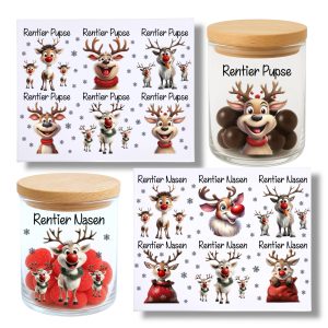 Rub-Ons-Sticker, Rentier Nasen, DIN A4,Weihnachten, Rentier Pupse, randlose Rubons Sticker