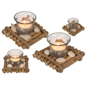 Dekorativer Glas-Teelichthalter auf Holzfloß mit Muscheln – Maritime Eleganz