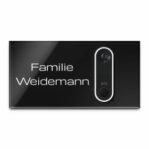 Klingel Schild mit Aussparung für die Arlo Video Wire-Free Doorbell aus Acrylglas auf V2A Edelstahl
