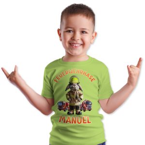 Kinder T-Shirt „Feuerwehrhase + NAME“ Hellgrün