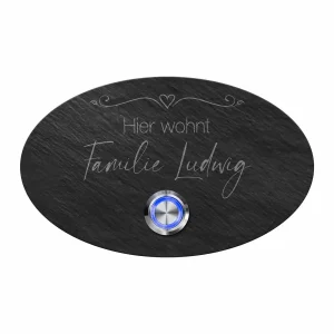 Türklingel aus Markenschiefer 13×8 cm mit LED-Taster und Gravur