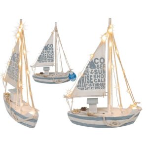 Dekoratives Holz-Segelschiff mit 13 warmweißen LED-Leuchten, 21,5 x 28 cm