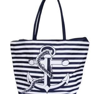 Strandtasche aus Textil, maritim, blau-weiß mit Anker, Tau & Stilvoll