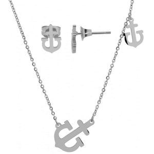 Exklusives Edelstahl Schmuckset mit Ohrsteckern und Anker-Kette, Silber