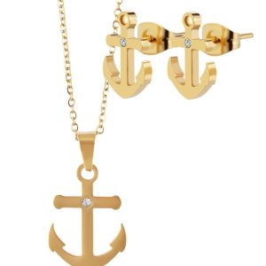 Luxuriöses Edelstahlschmuckset mit Ohrsteckern und Anhänger im Ankerdesign, gold